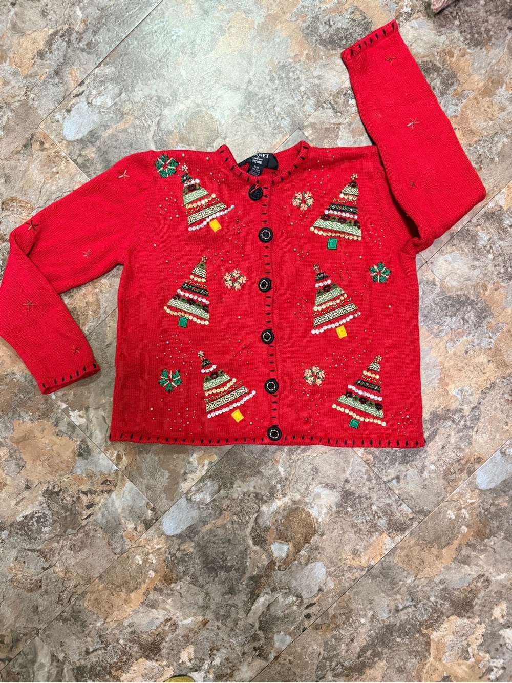 Women’s petite Red Holiday Christmas Tree Button-Up Cardigan